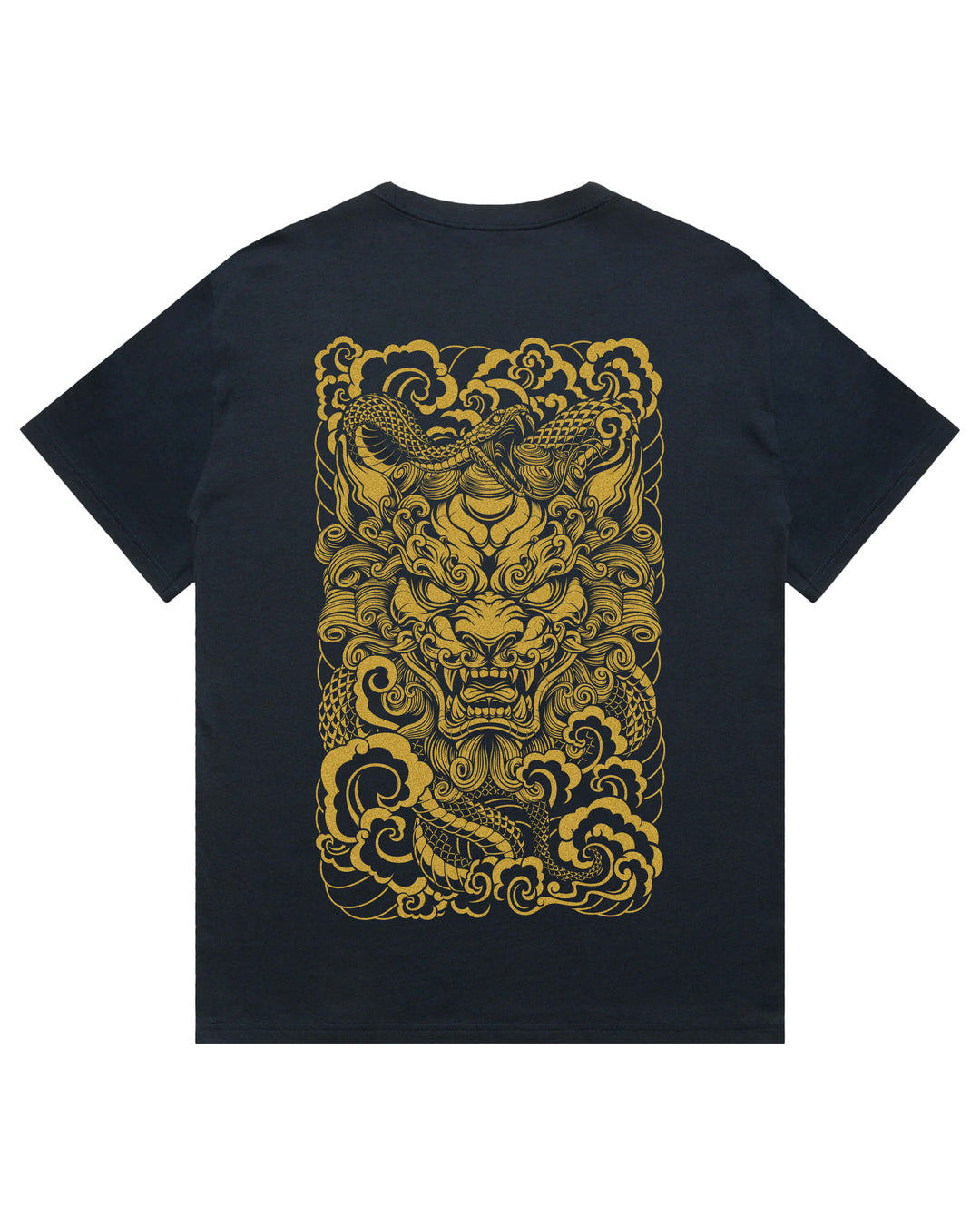 Navy oversized tee featuring large guardian lion and snake