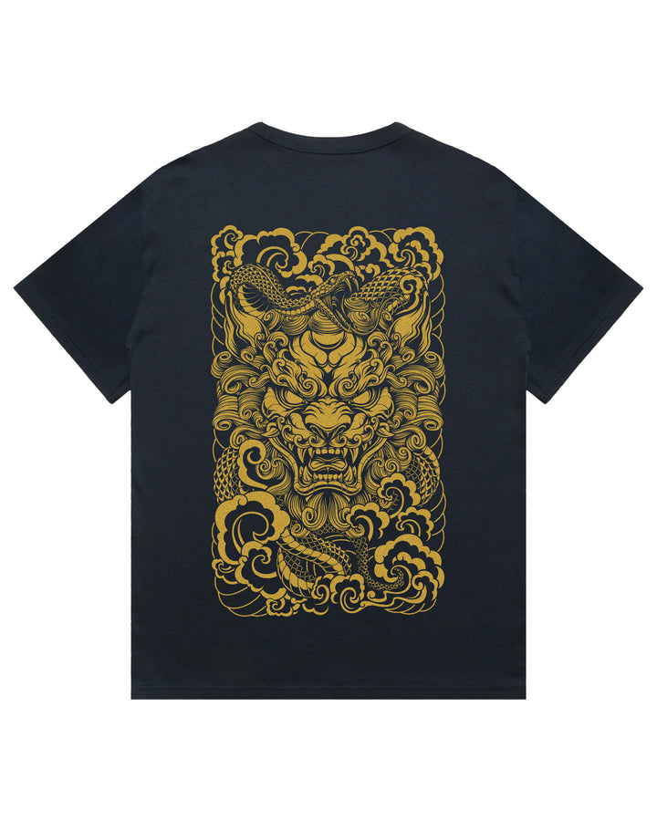 Navy oversized tee featuring large guardian lion and snake