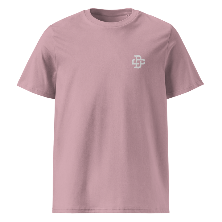 white dc embroidery left chest lilac dream tee