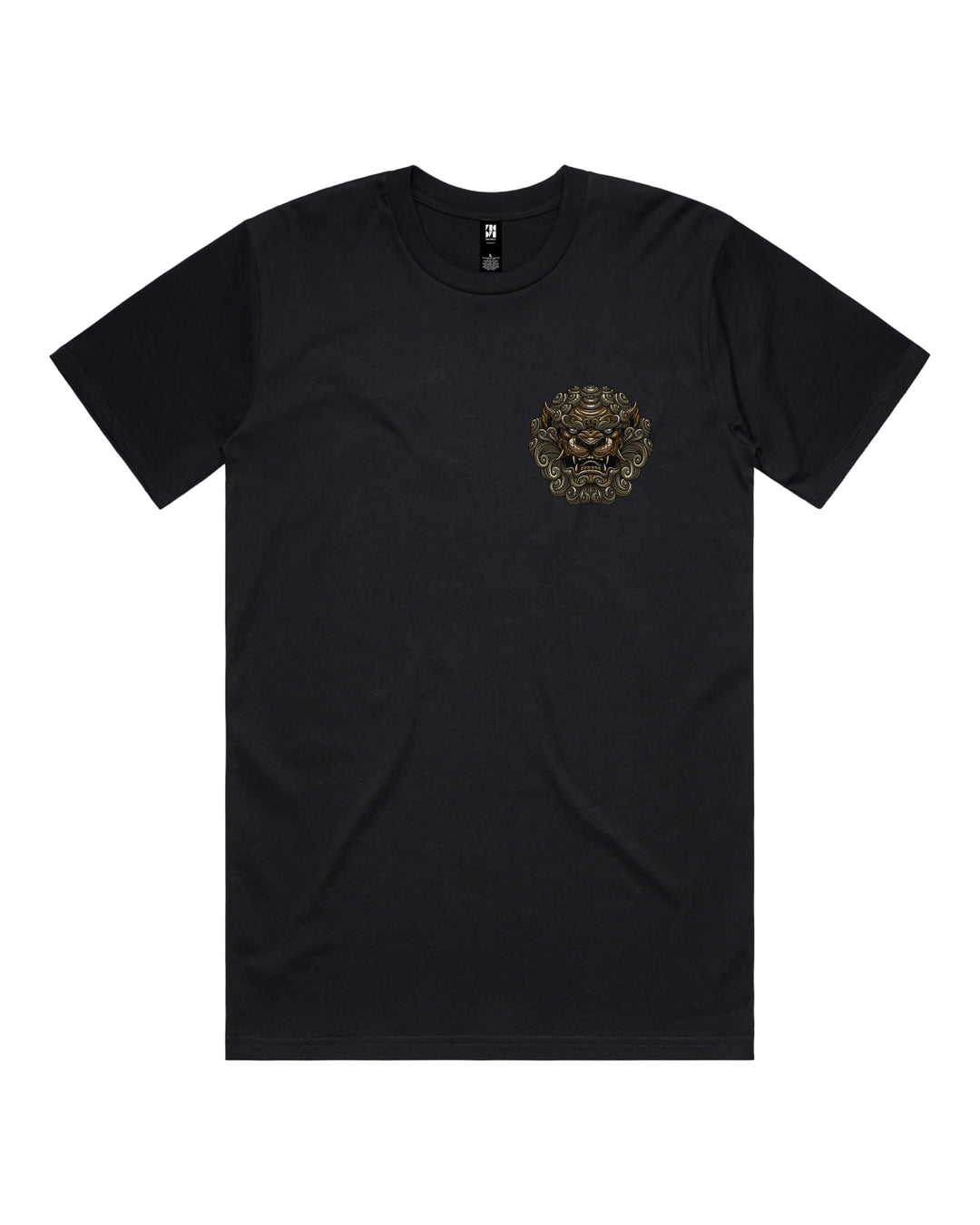 Black graphic t-shirt with majestic komainu left chest print