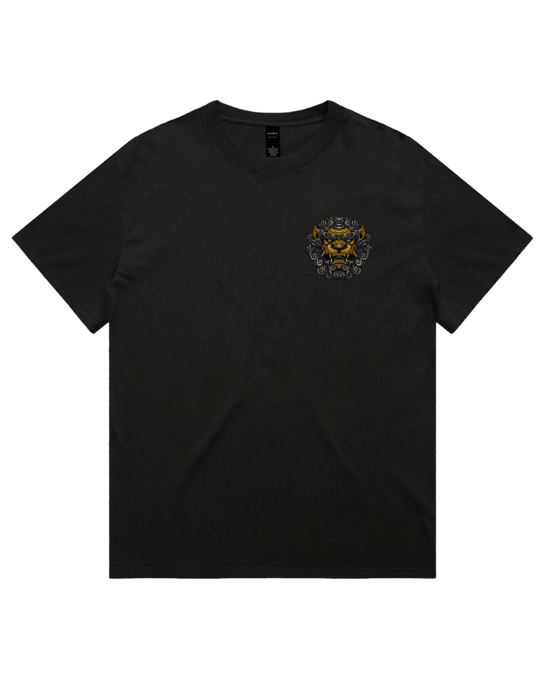 A black short-sleeve crewneck t-shirt with a small dtg graphic on the left chest featuring a komainu head .