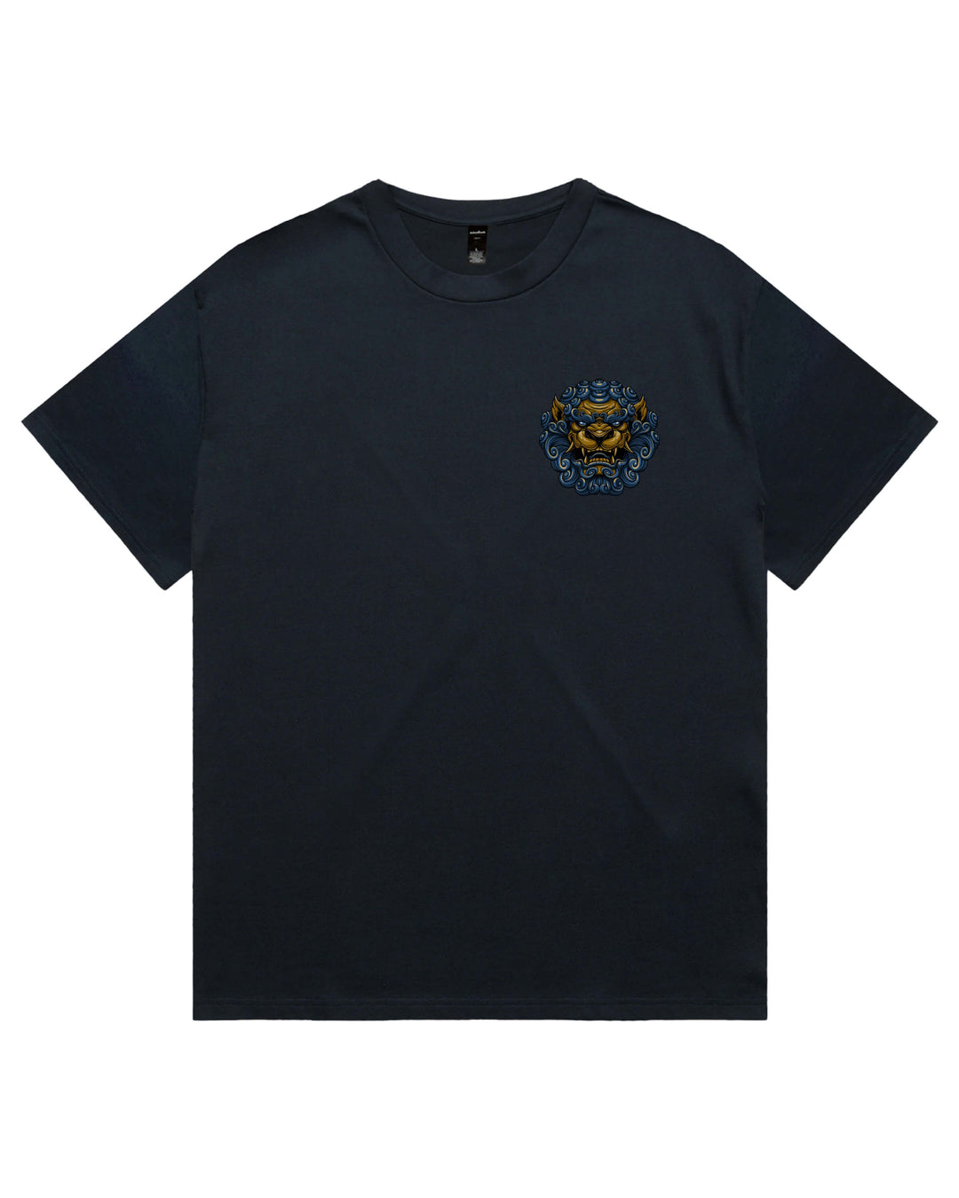 A dark navy blue short-sleeve crewneck t-shirt with a small blue and gold lion crest graphic on the left chest, displayed flat against a solid white background.