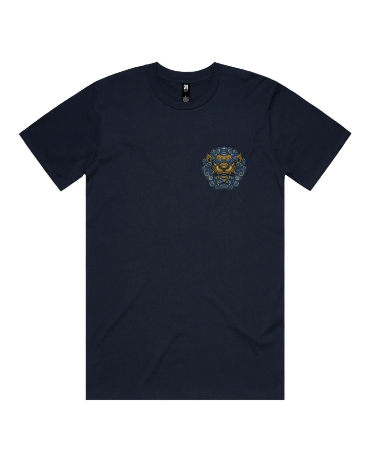 Back view of Japanese Graphic Tee – Komainu in Navy