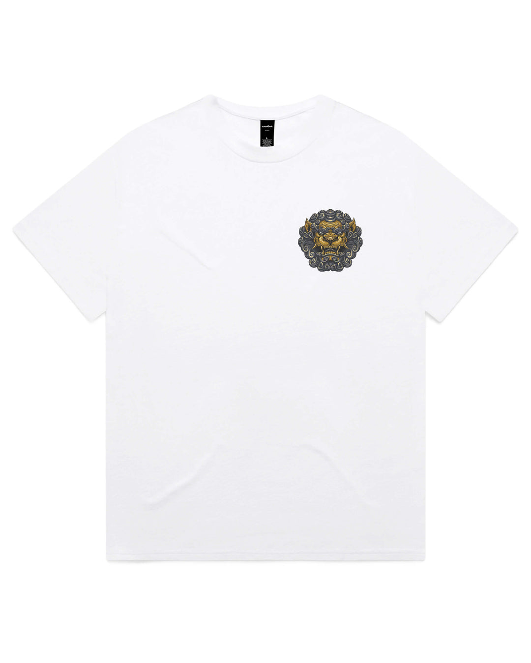 A white short-sleeve crewneck t-shirt featuring a small embroidered lion head crest on the left chest, displayed flat against a solid white background.