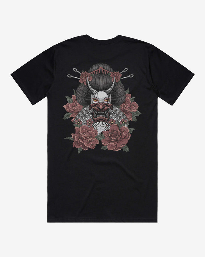 Masked Geisha Relaxed Fit Graphic Tee With Large Japanese Tattoo Inspired Back Print