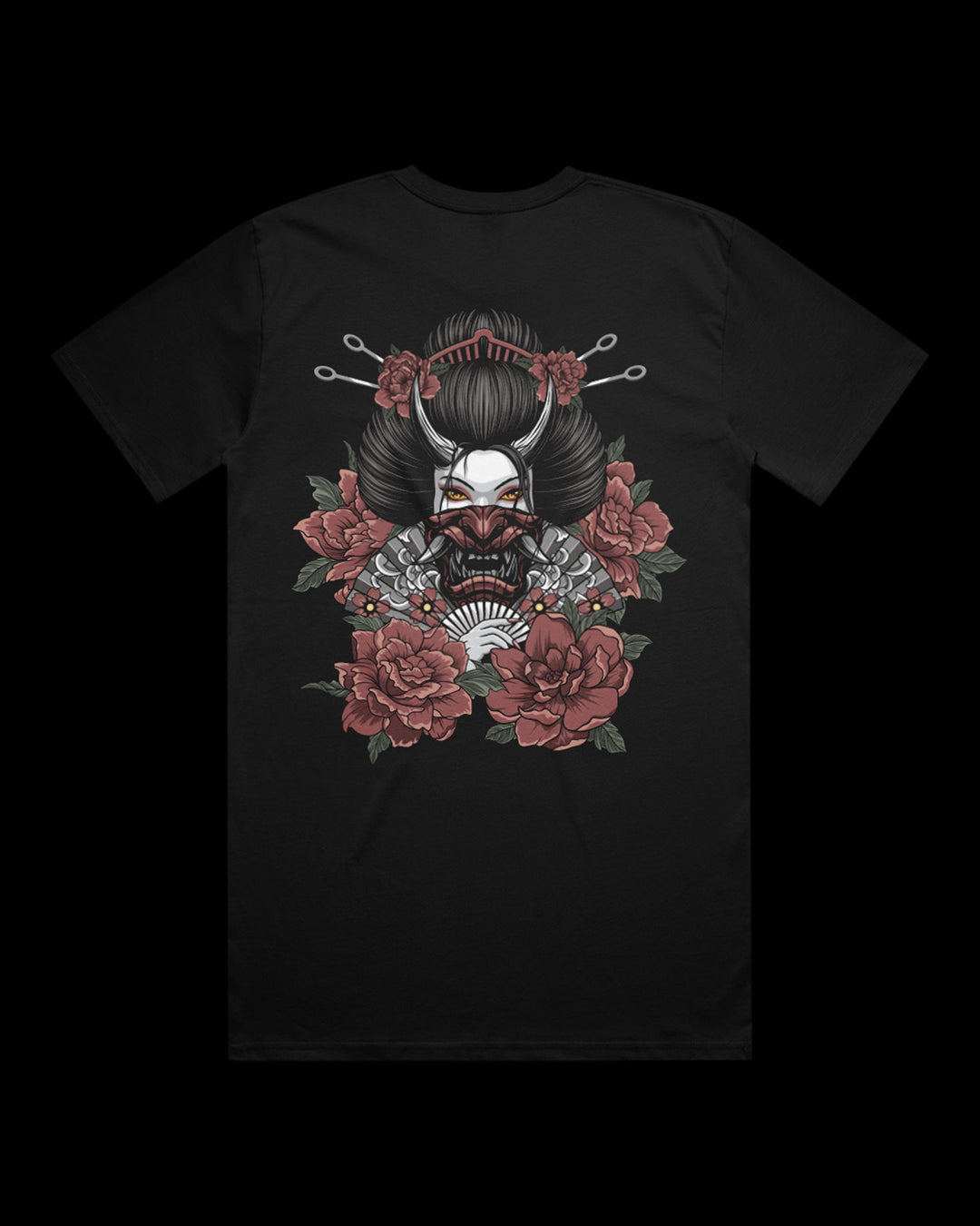 black tee with geisha print on the back