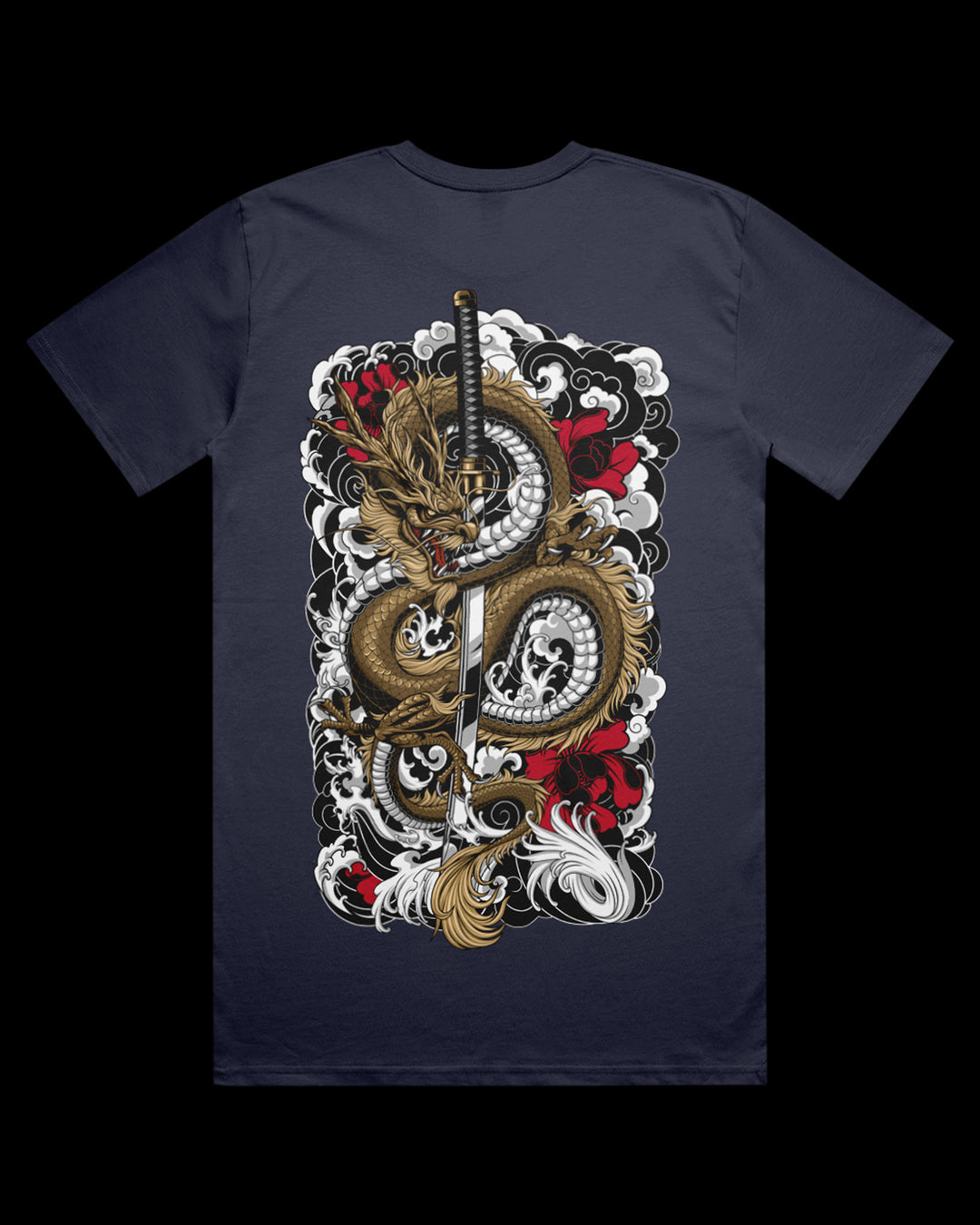 midnight blue t-shirt with a dragon and sword design on the back.