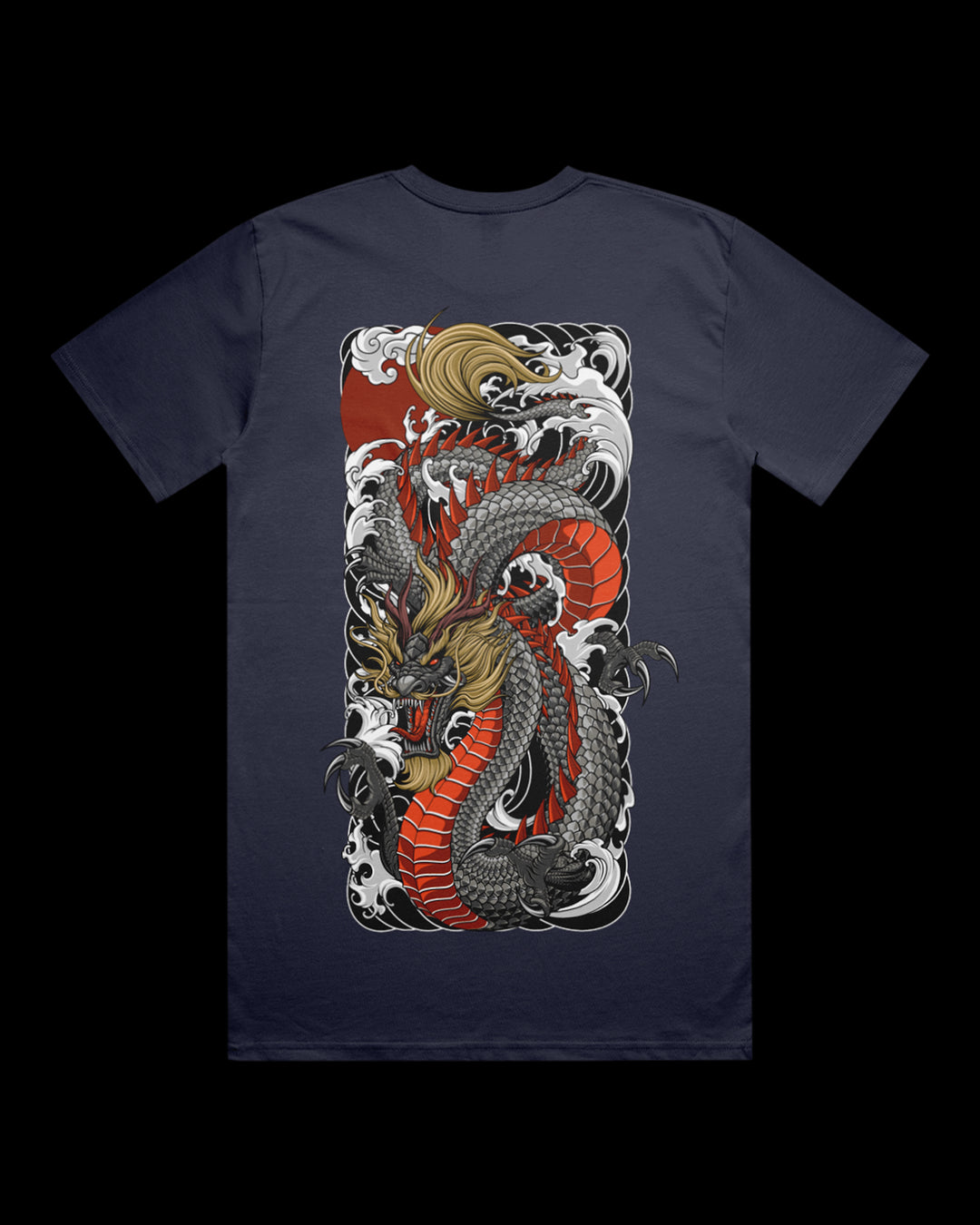 midnight blue t-shirt with a dragon design on the back.