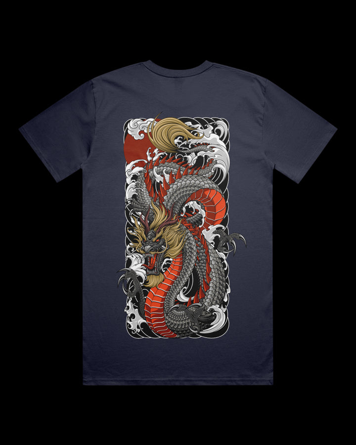 midnight blue t-shirt with a dragon design on the back.