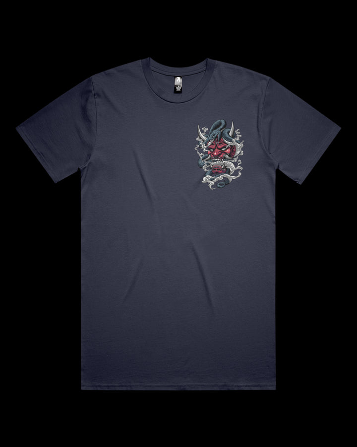 Graphic T-shirt featuring Japanese red oni mask Irezumi-style artwork