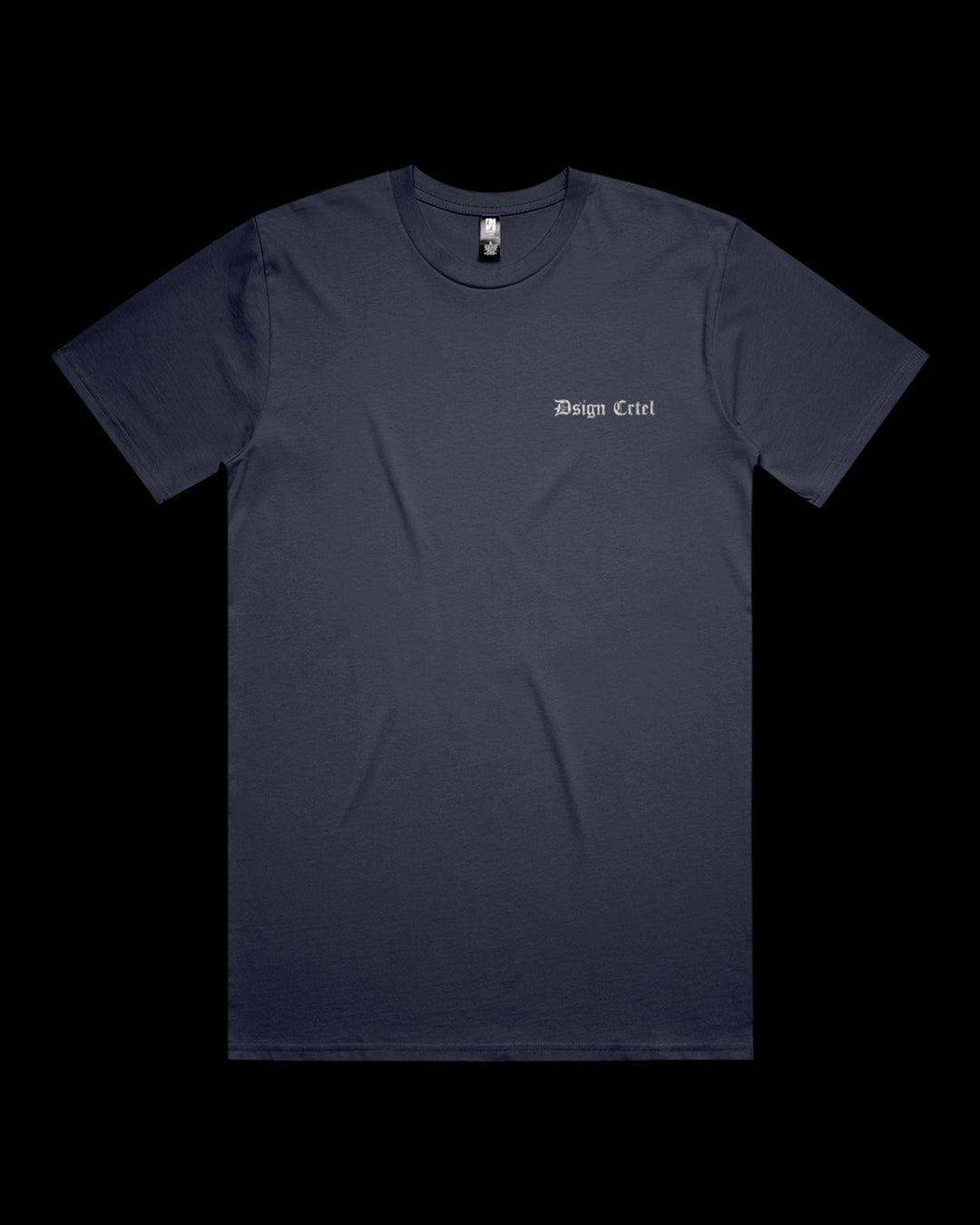 midnight blue t-shirt with a brand logo on a black background