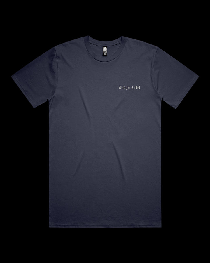 midnight blue t-shirt with a brand logo on a black background