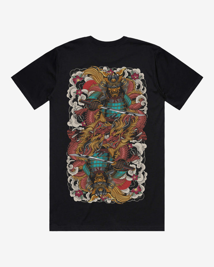 Mirrored Samurai Relaxed Fit Graphic Tee With Large Japanese Tattoo Inspired Back Print