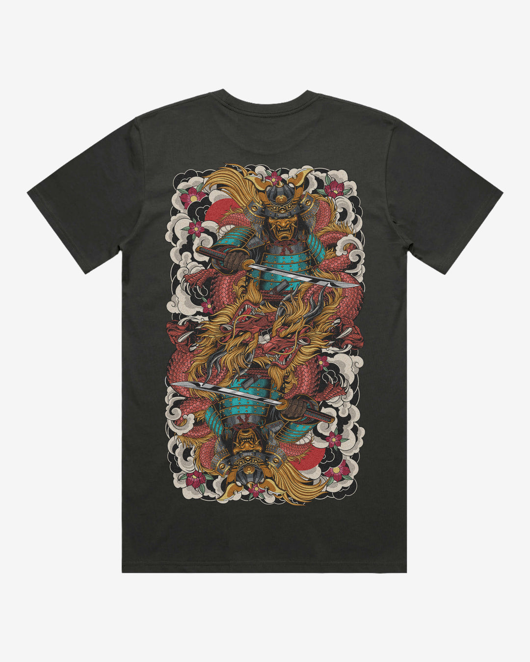 Mirrored Samurai Relaxed Fit Graphic Tee With Large Japanese Tattoo Inspired Back Print
