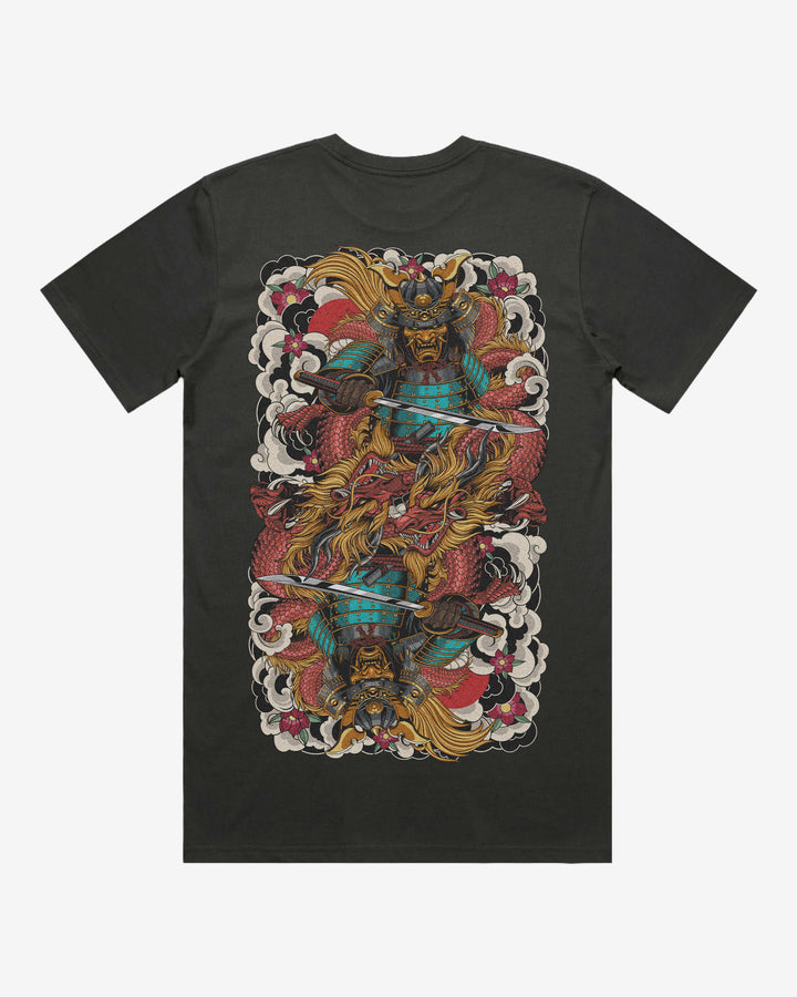 Mirrored Samurai Relaxed Fit Graphic Tee With Large Japanese Tattoo Inspired Back Print