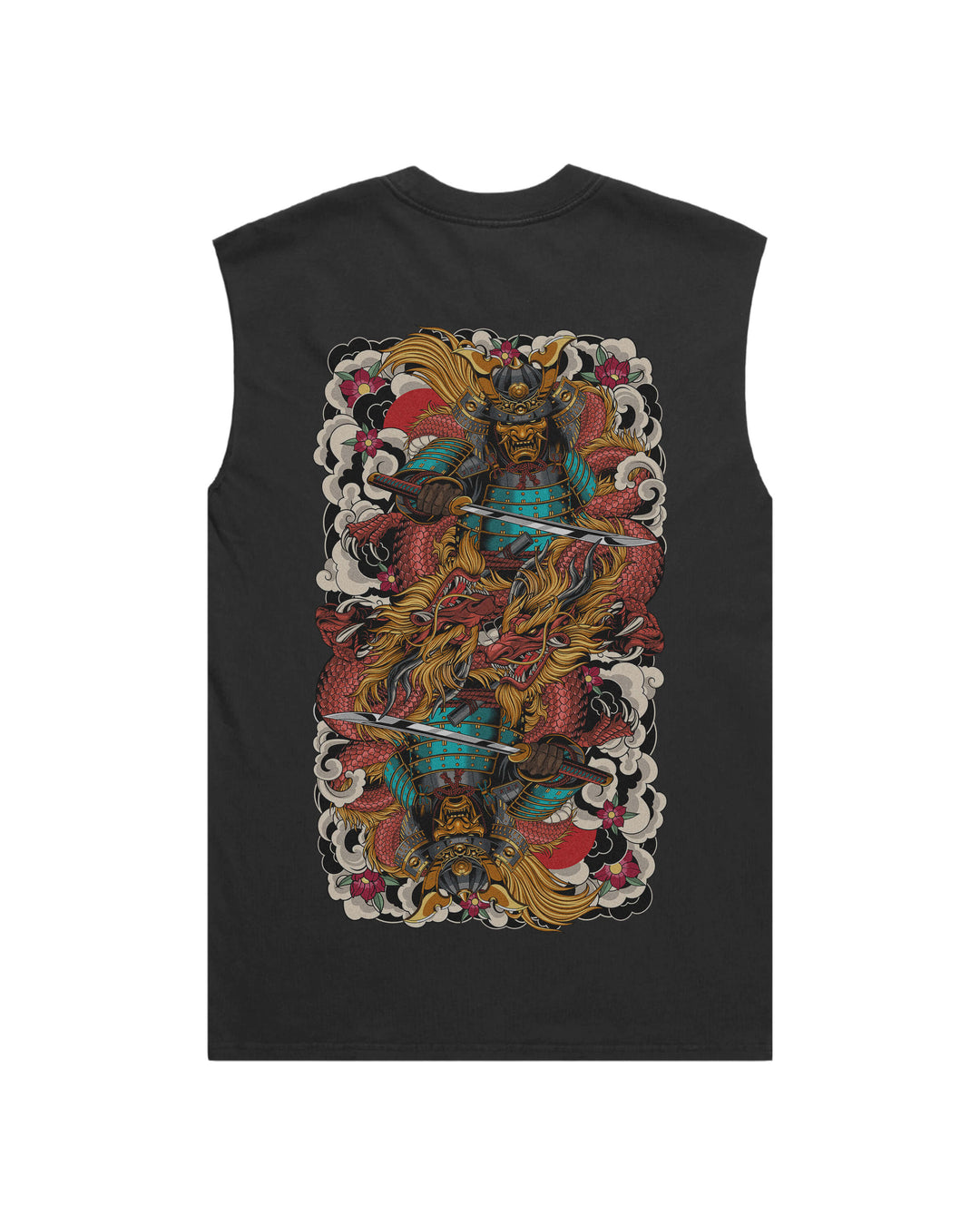 Faded Black Mirrored Samurai men’s graphic tank top features original in-house artwork inspired by Irezumi. The design combines samurai, dragon and clouds, drawing from Japanese tattoo art, folklore and traditional illustration.