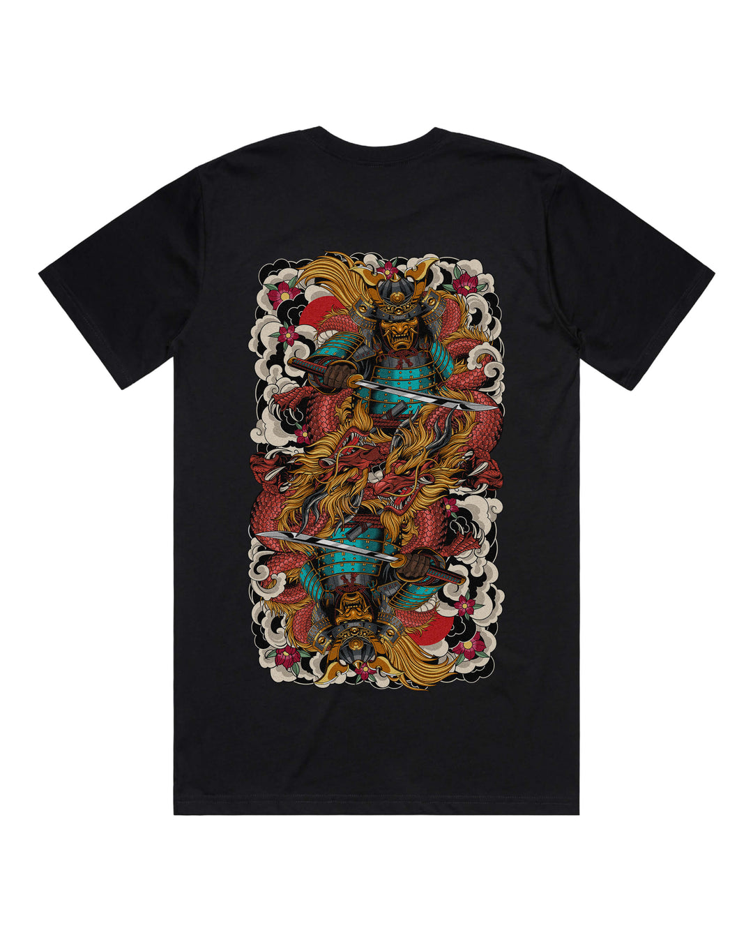 Black graphic t-shirt with large irezumi inspired mirrored samurai back print