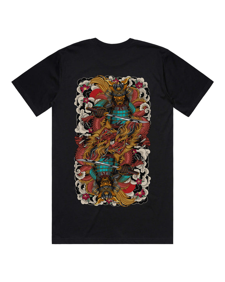 Black graphic t-shirt with large irezumi inspired mirrored samurai back print