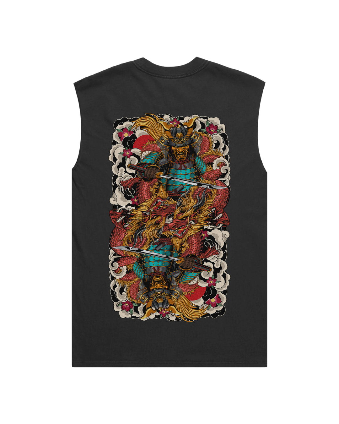 Faded black tank top with large mirrored samurai and dragons print