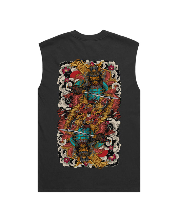 Faded black tank top with large mirrored samurai and dragons print