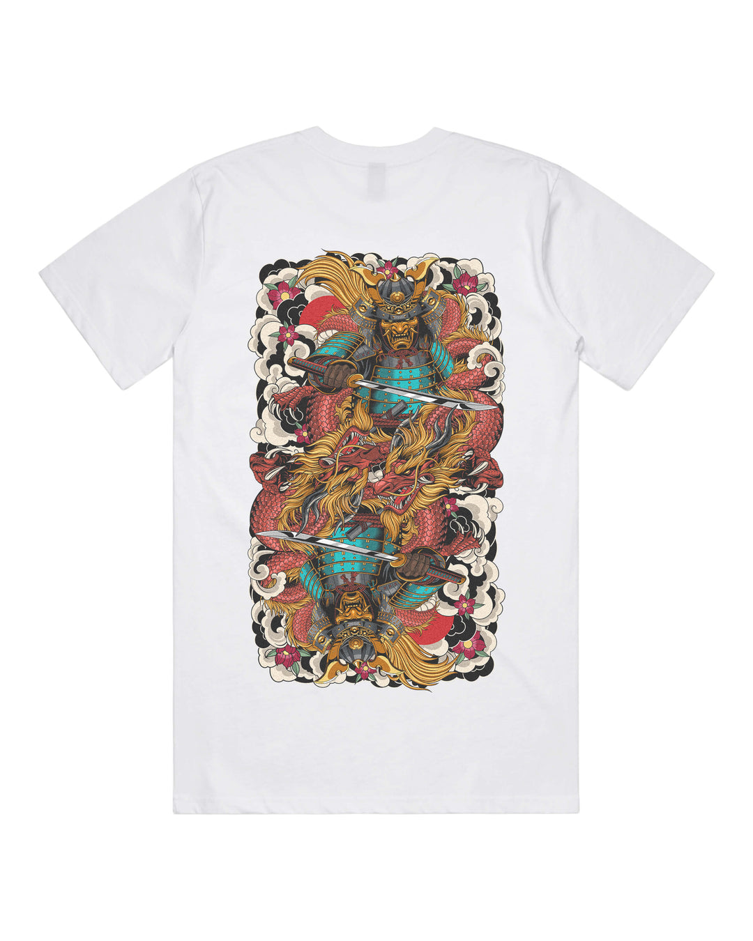 White graphic t-shirt with large irezumi inspired mirrored samurai back print