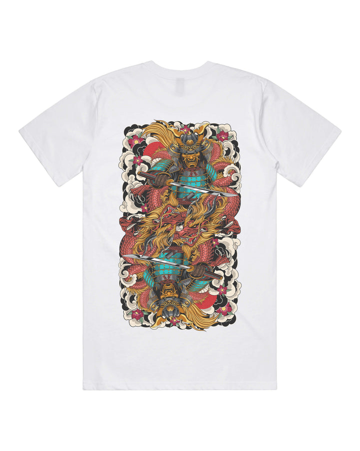 White graphic t-shirt with large irezumi inspired mirrored samurai back print