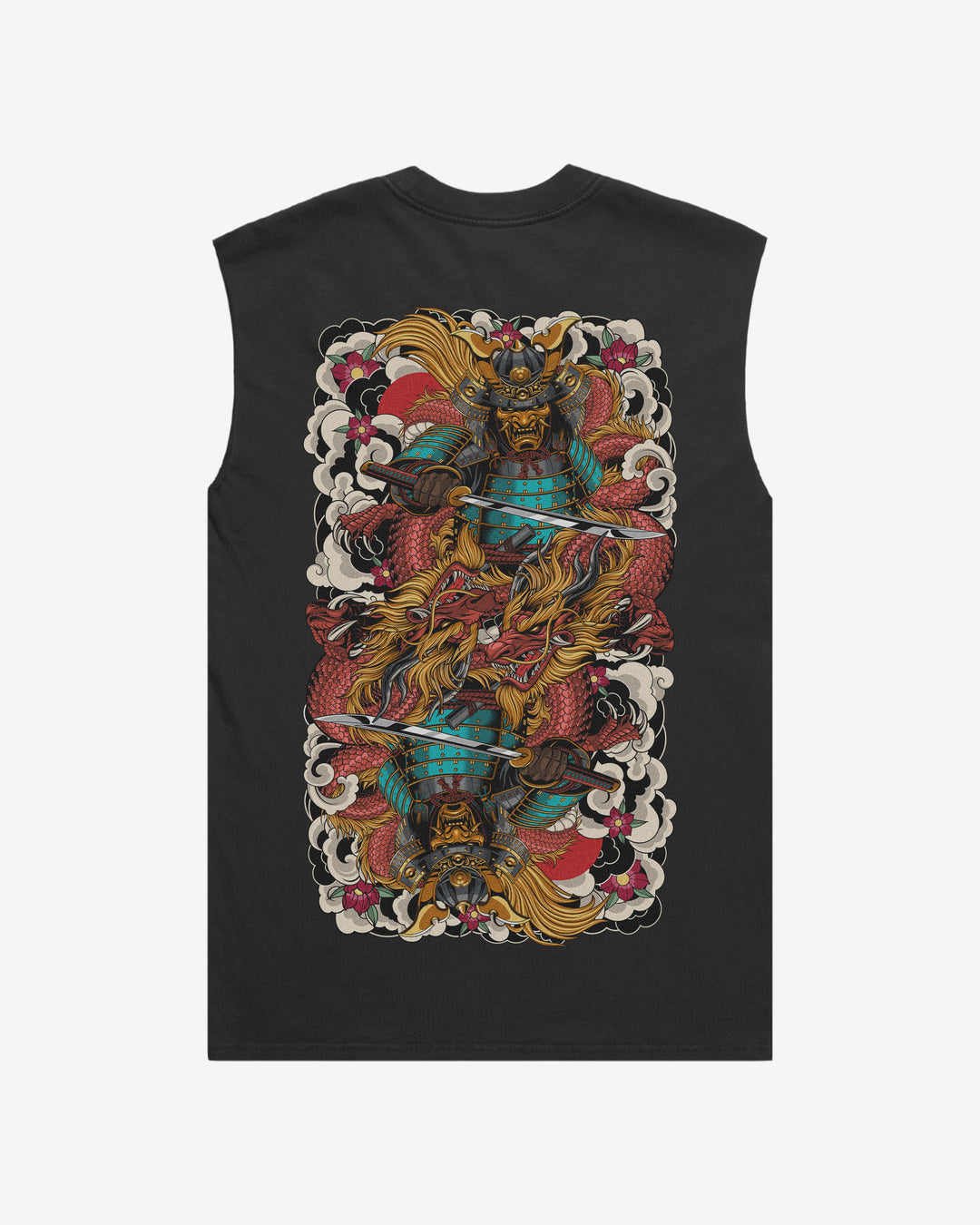 Japanese tattoo tank top with back print of mirrored samurai