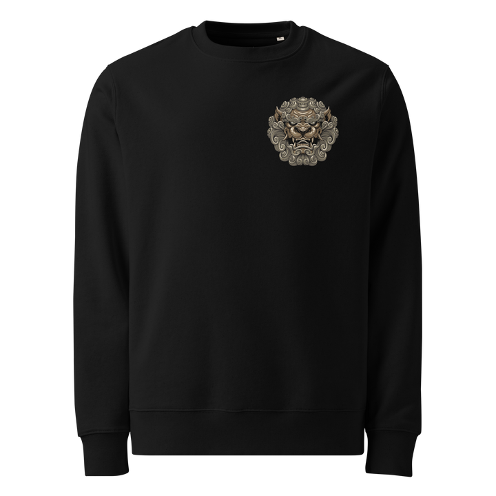 Black Mythical Majesty Graphic Sweatshirt featuring a Komainu guardian inspired by Japanese Irezumi tattoo art