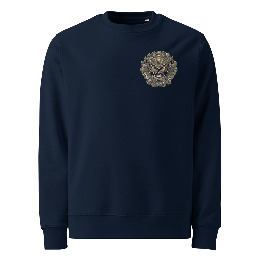 French Navy Mythical Majesty Graphic Sweatshirt featuring a Komainu guardian design inspired by Japanese Irezumi tattoo art