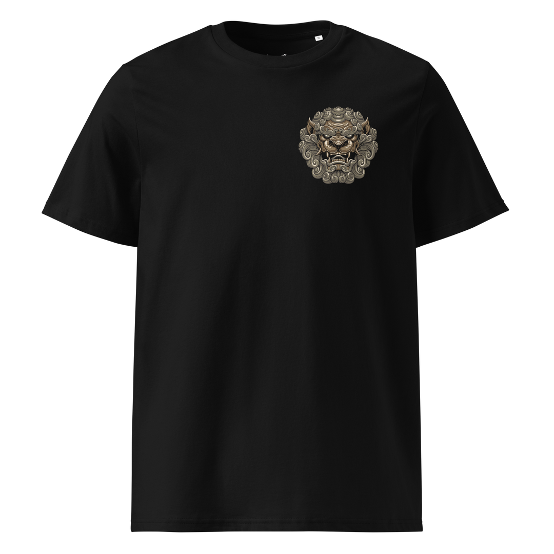 Black Mythical Majesty Komainu Graphic Tee featuring a left chest print of a Komainu, inspired by Japanese Irezumi art