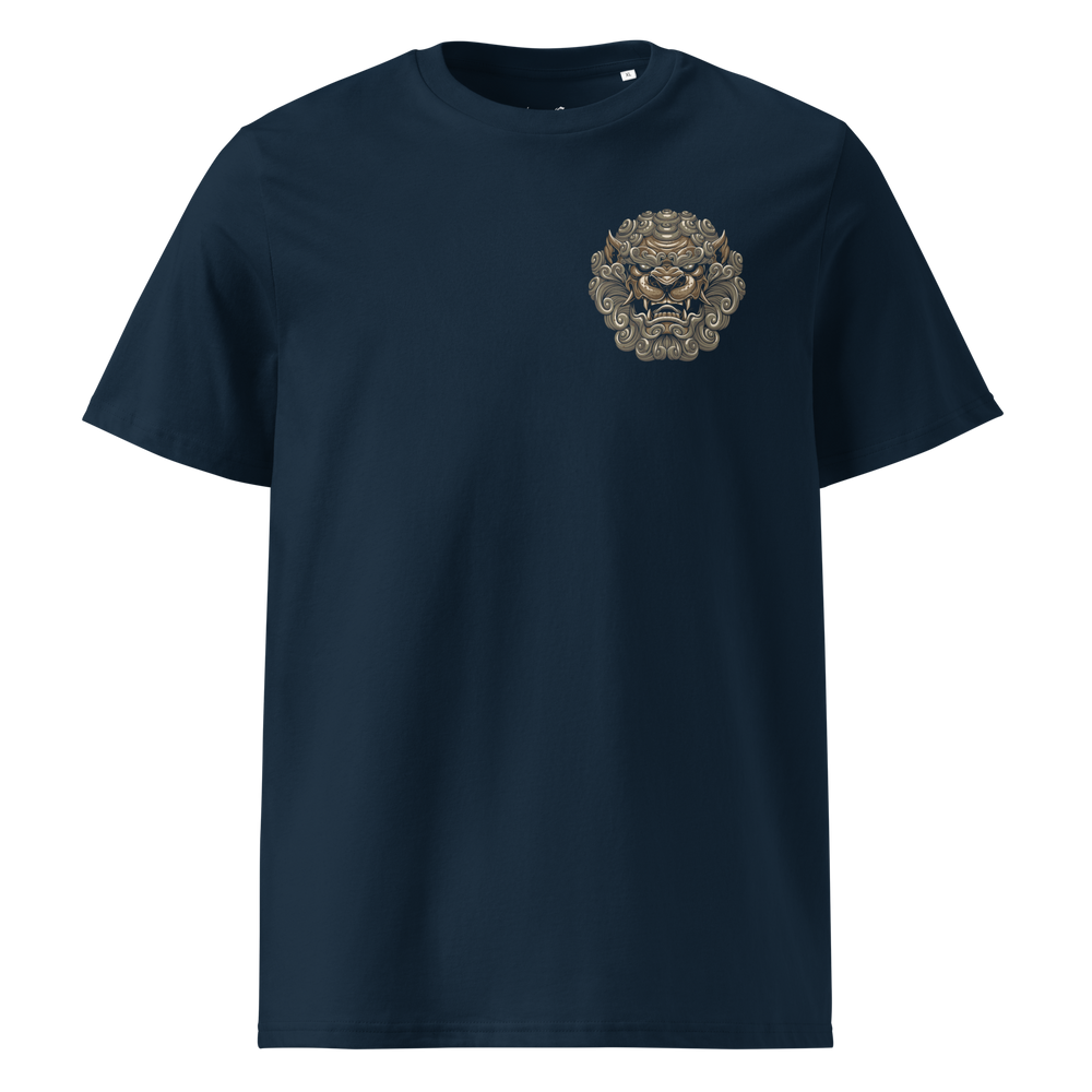 French Navy Mythical Majesty Komainu Graphic Tee featuring a minimalist left chest print inspired by Japanese Irezumi art