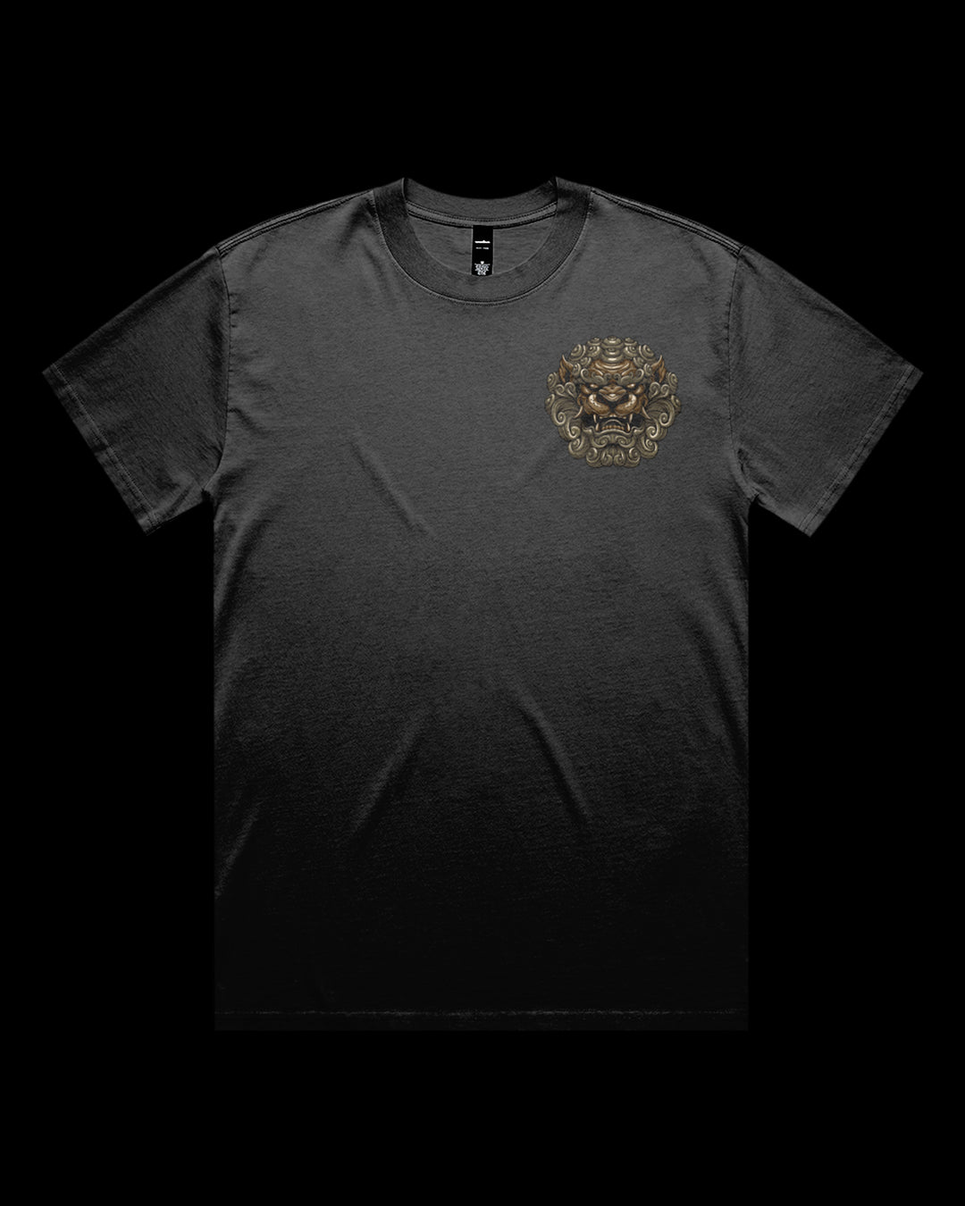 Faded T-shirt featuring Japanese Irezumi-style komainu head