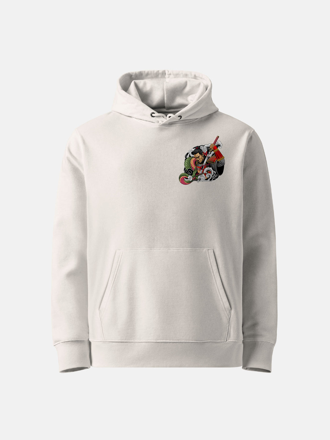natural raw hoodie of Front view with small samurai and serpent chest detail