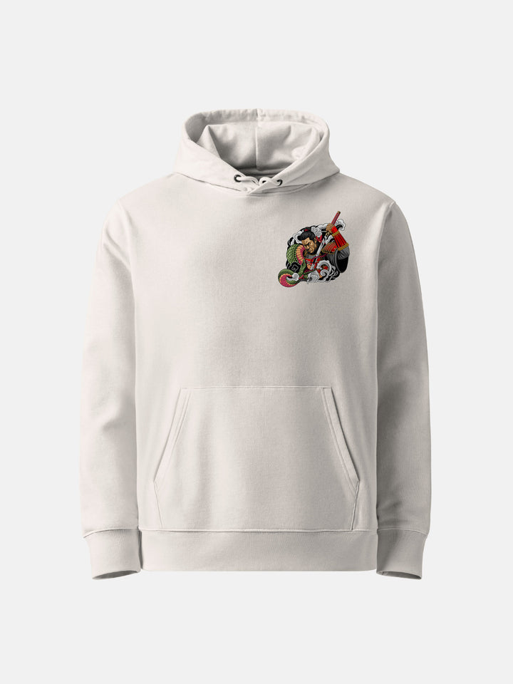 natural raw hoodie of Front view with small samurai and serpent chest detail