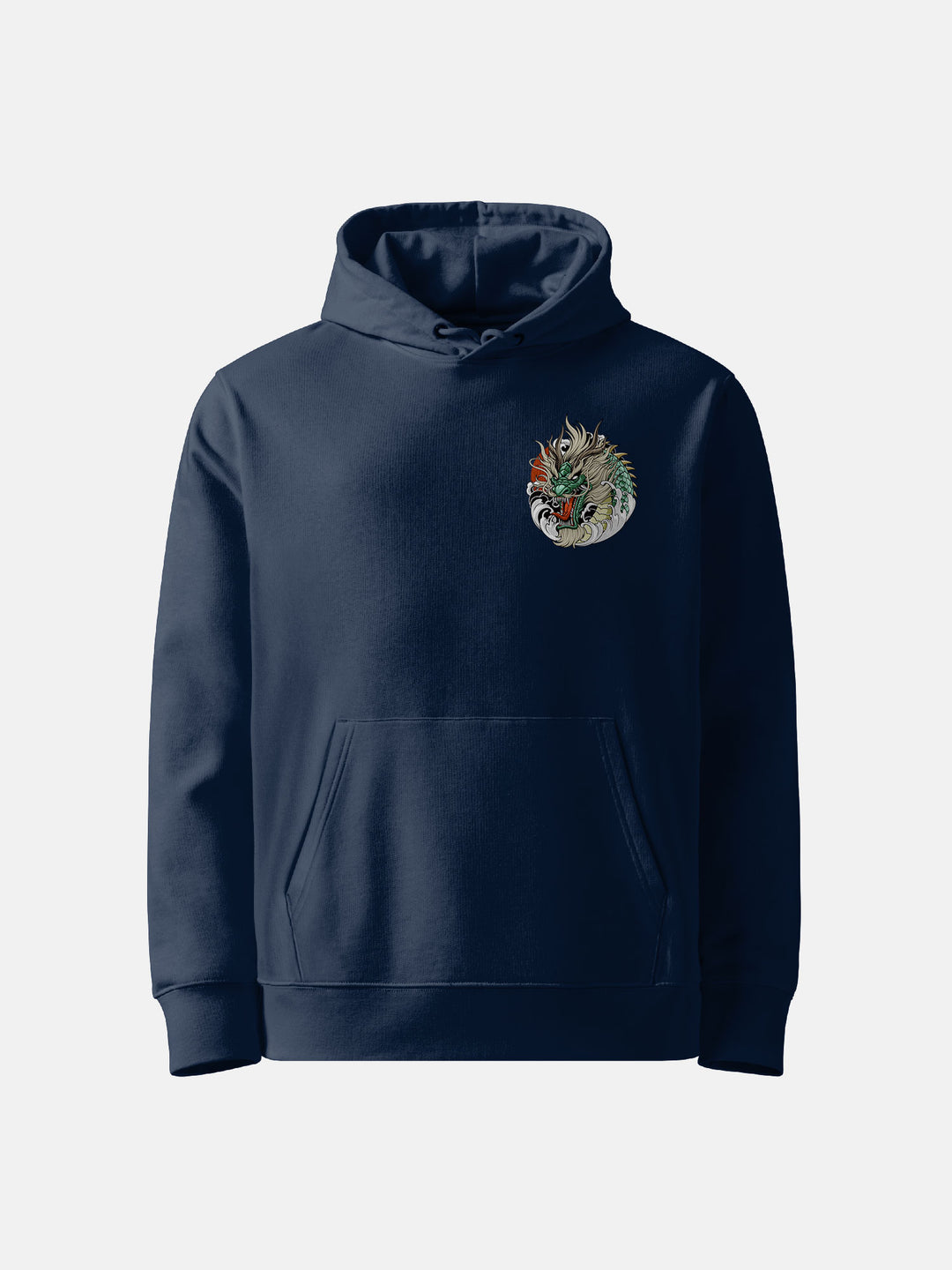 navy hoodie Front view with left chest jade dragon head detail