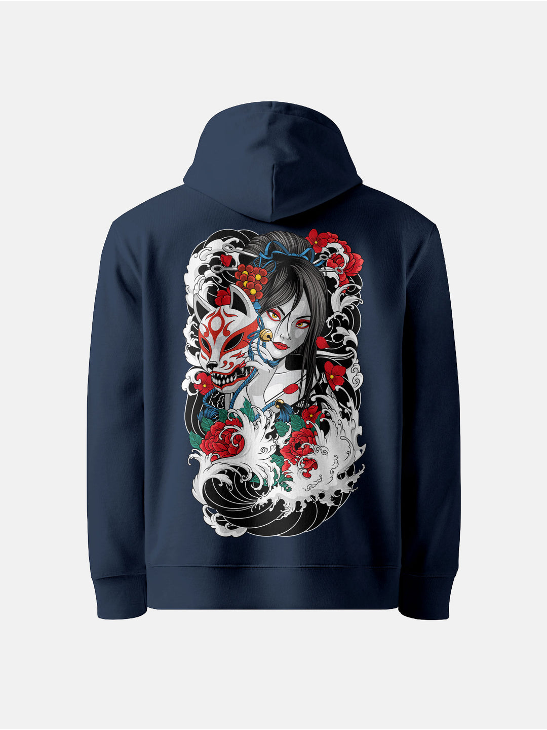 Back view featuring geisha with fox mask, waves, and blossoms navy hoodie