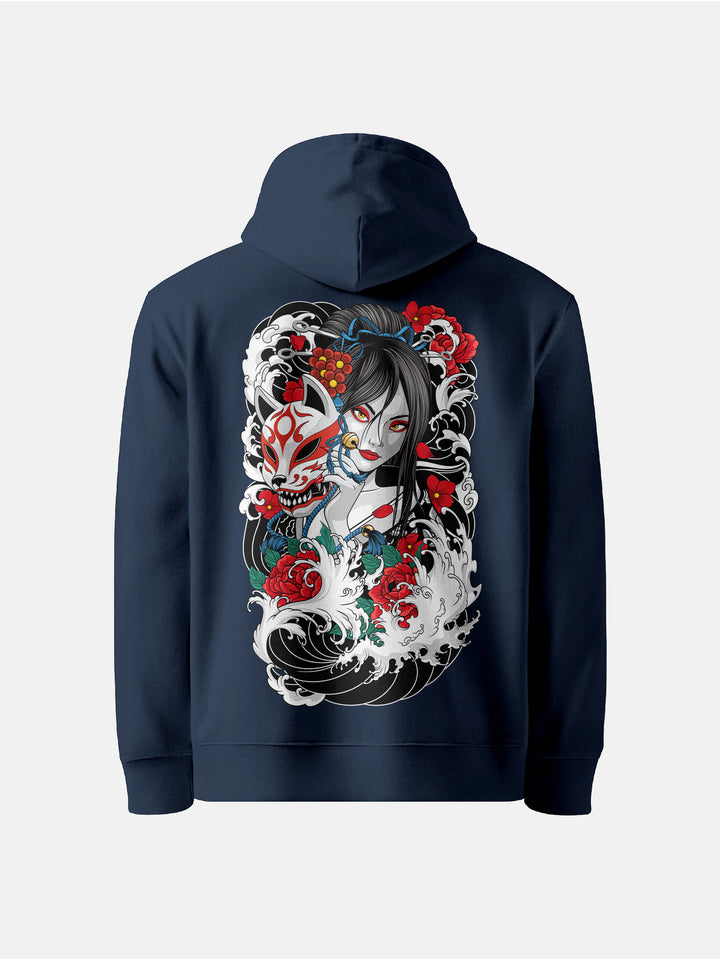 Back view featuring geisha with fox mask, waves, and blossoms navy hoodie