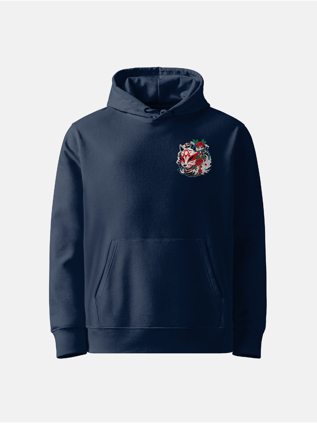 Front view with left chest kitsune mask detail navy hoodie