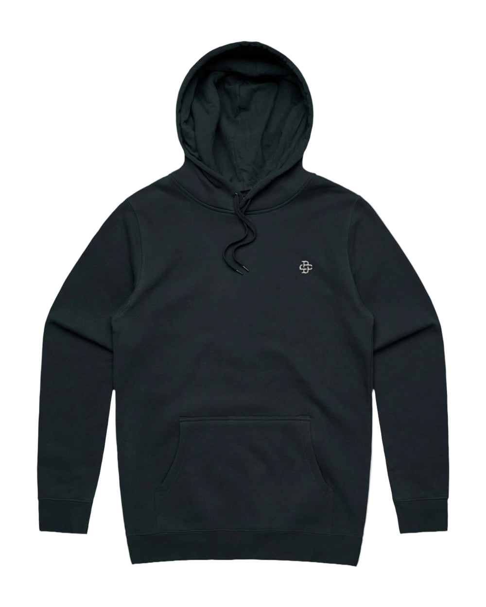 Navy hoodie with a small logo on a white background