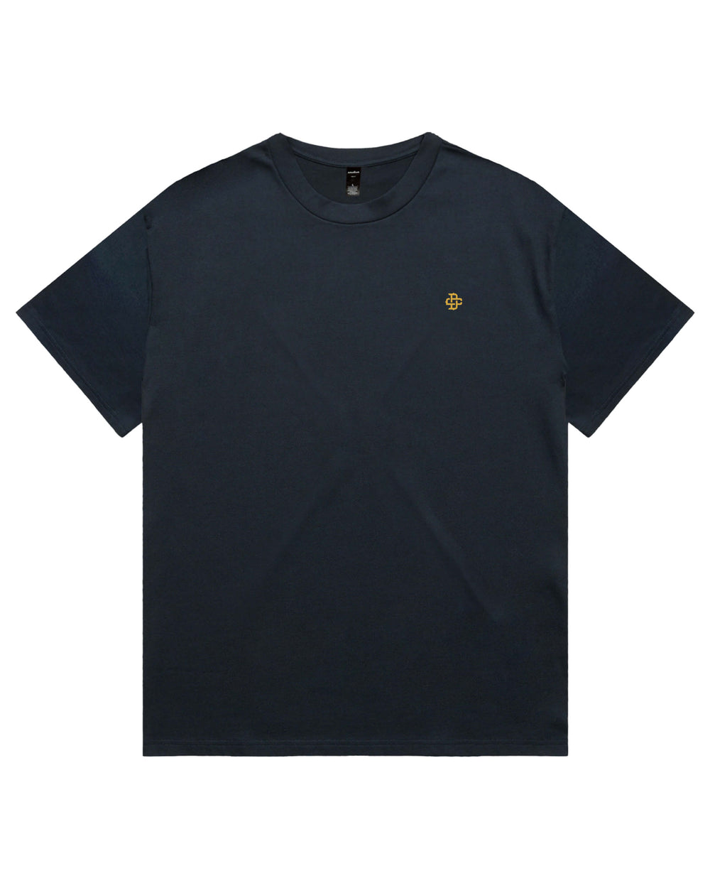 Oversized navy t shirt with small printed left chest yellow logo.