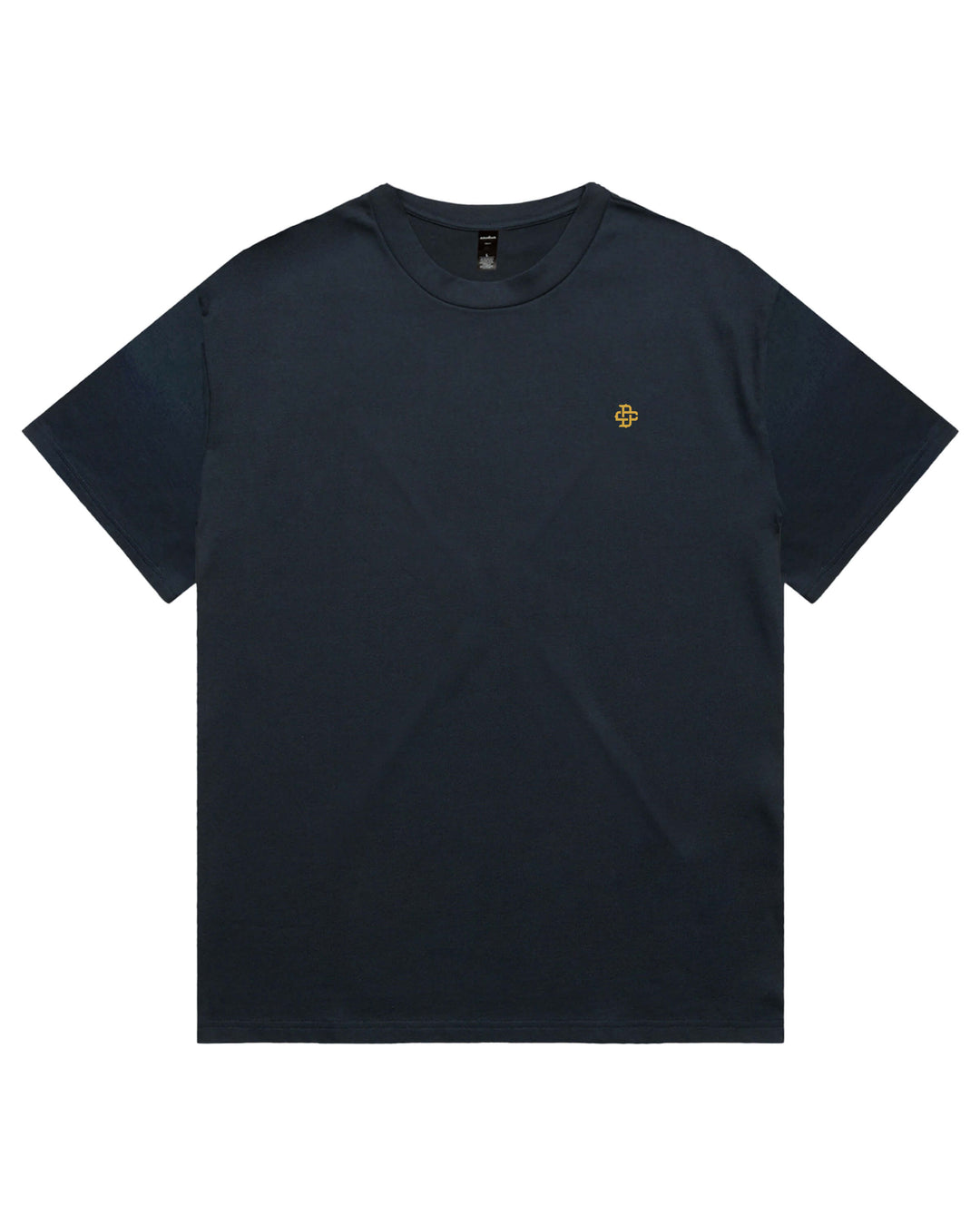 Oversized navy t shirt with small printed left chest yellow logo.