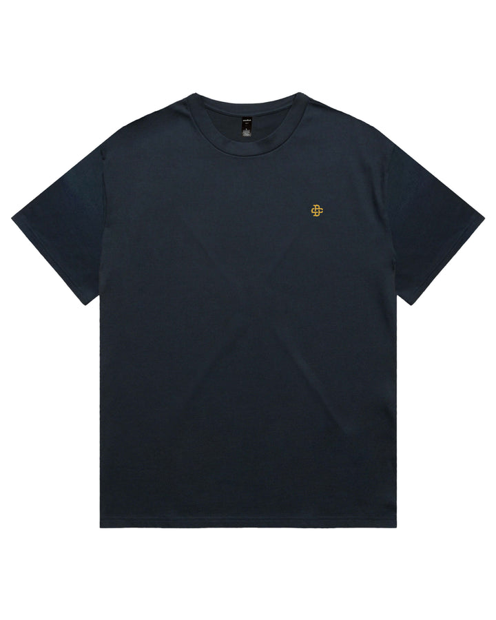 Oversized navy t shirt with small printed left chest yellow logo.