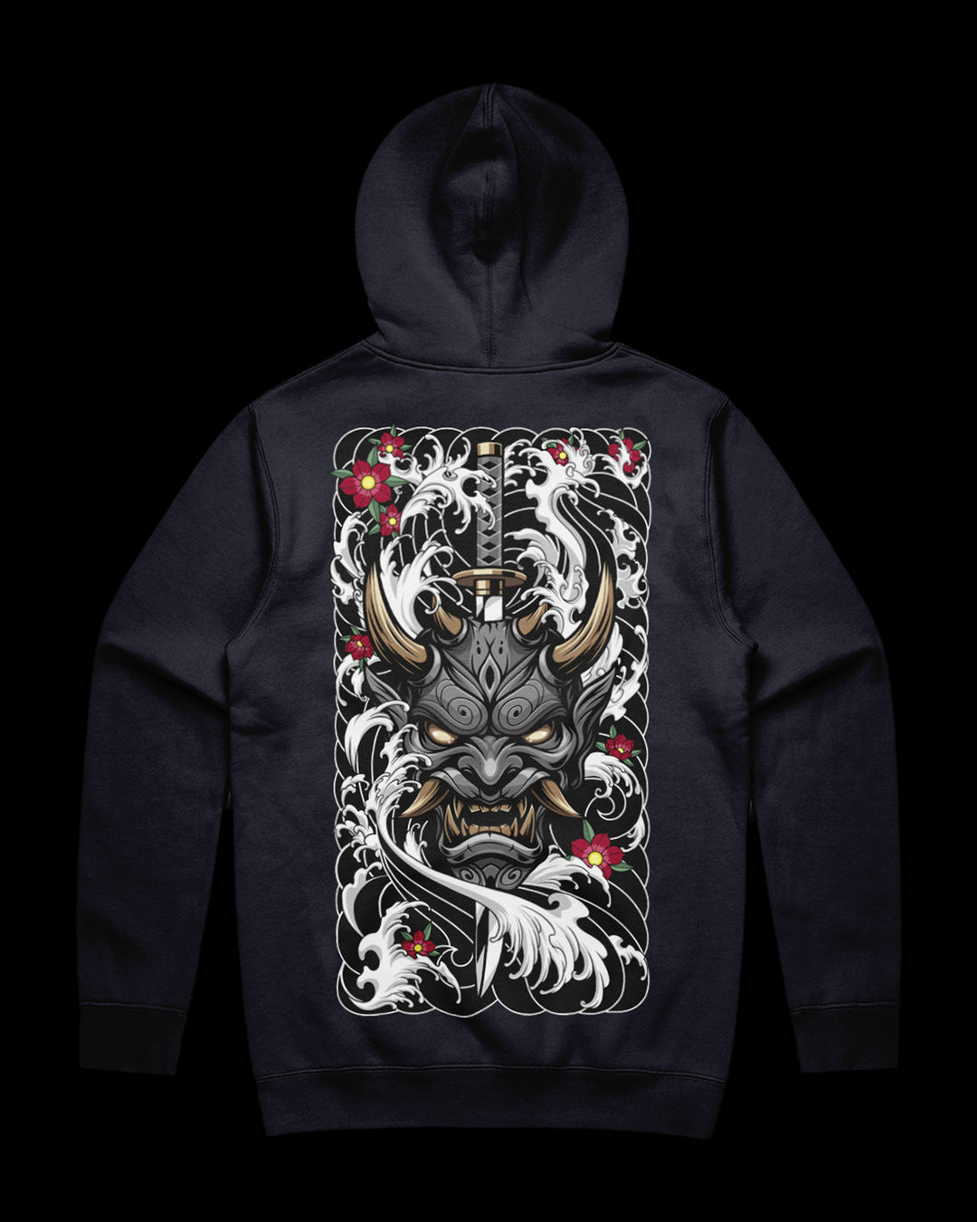 navy hoodie with hannya back print