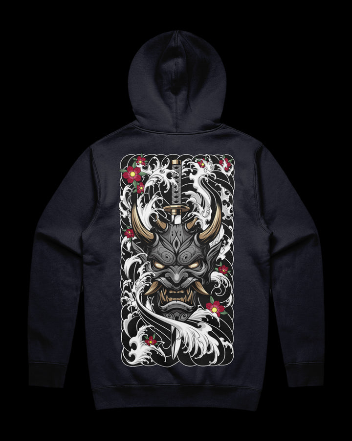 navy hoodie with hannya back print