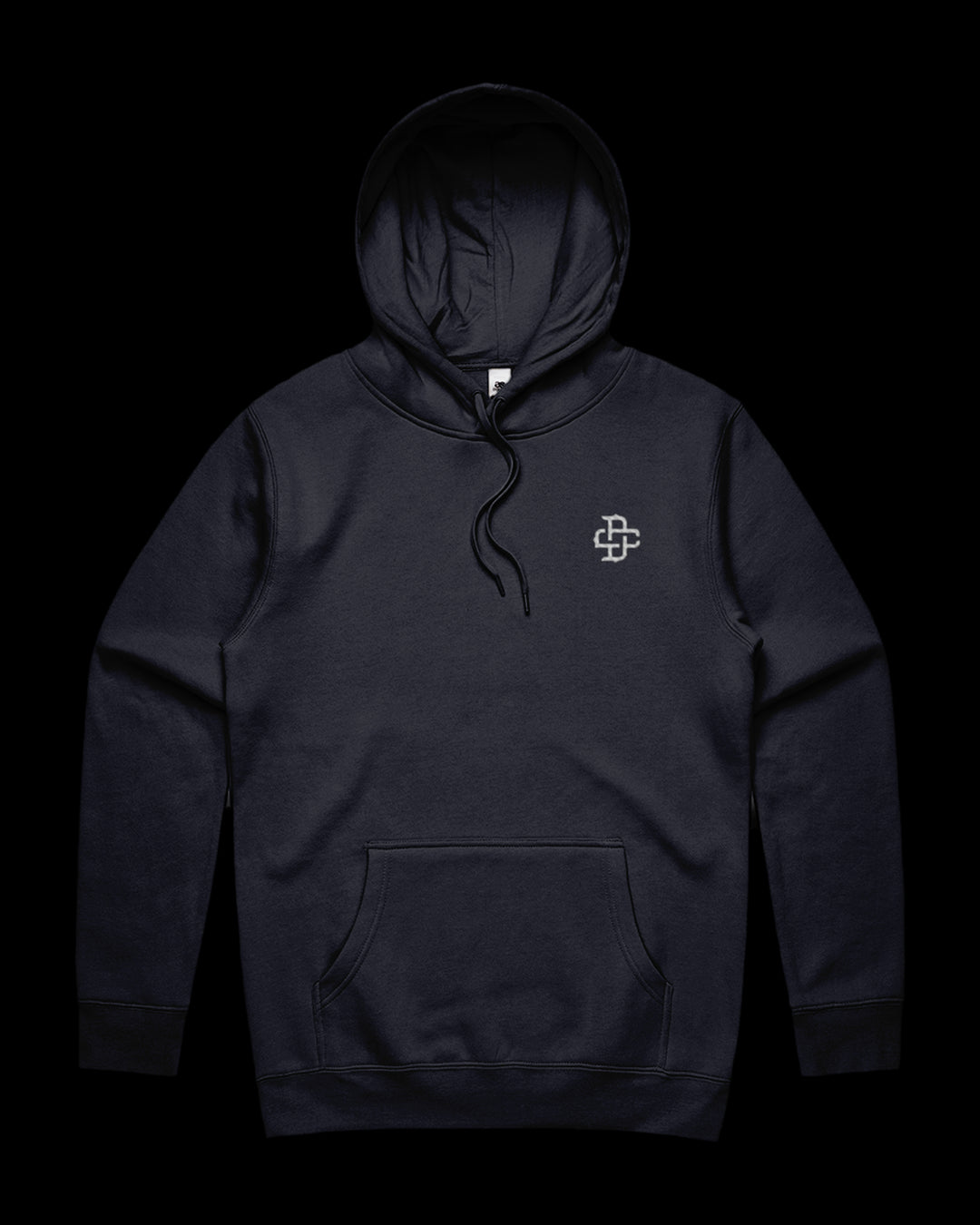 navy hoodie with dc monogram logo embroidery