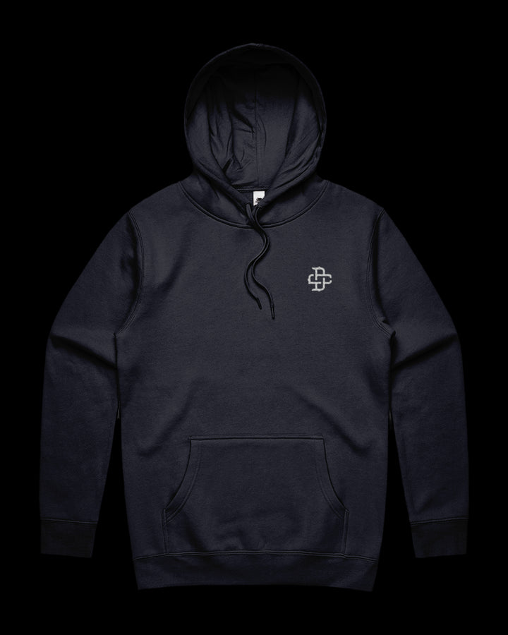navy hoodie with dc monogram logo embroidery