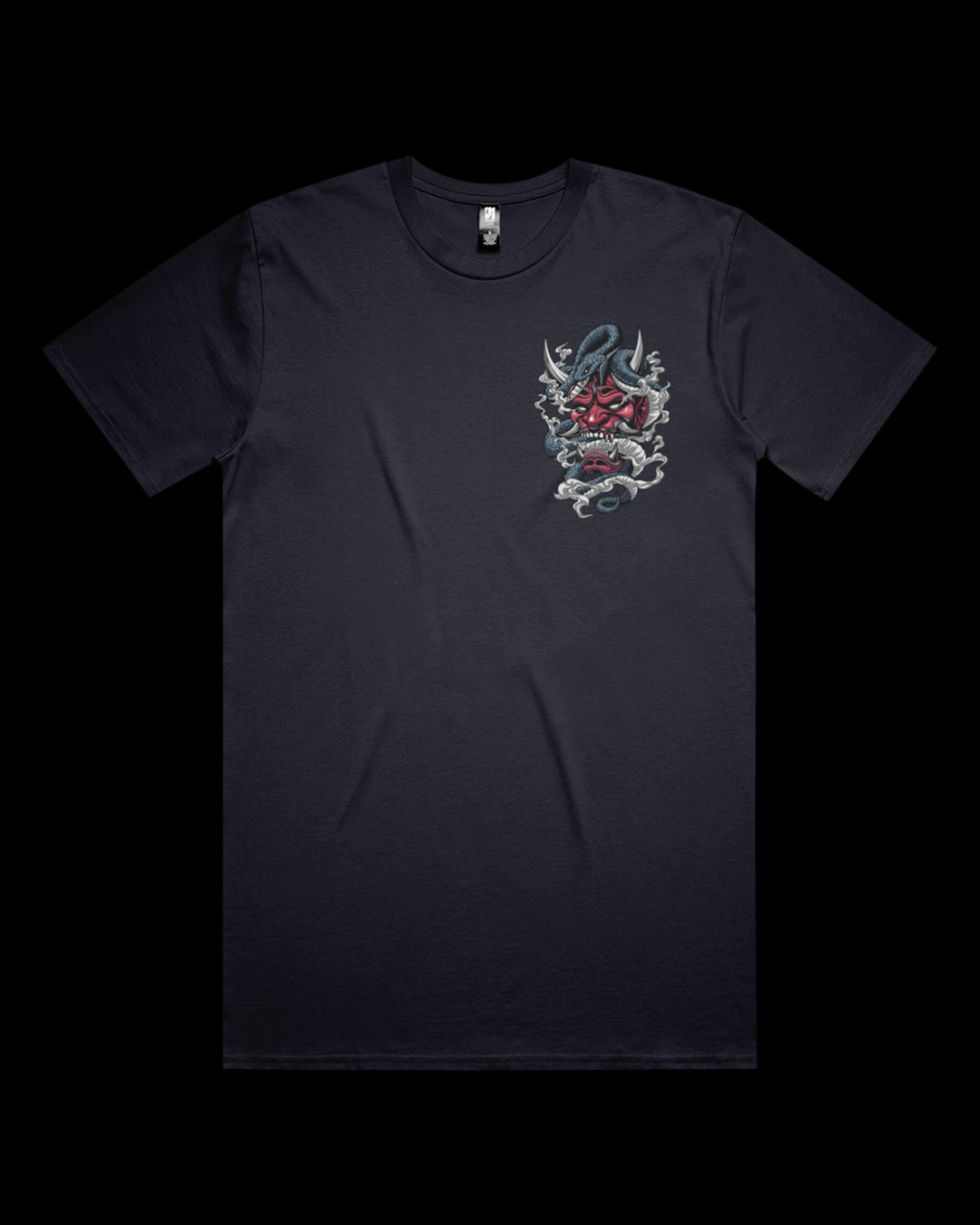 Graphic T-shirt featuring Japanese red oni mask Irezumi-style artwork