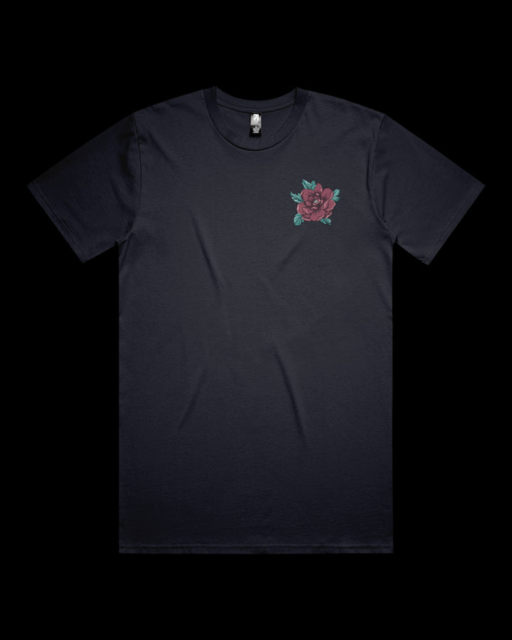 navy t-shirt with a dragon and floral design