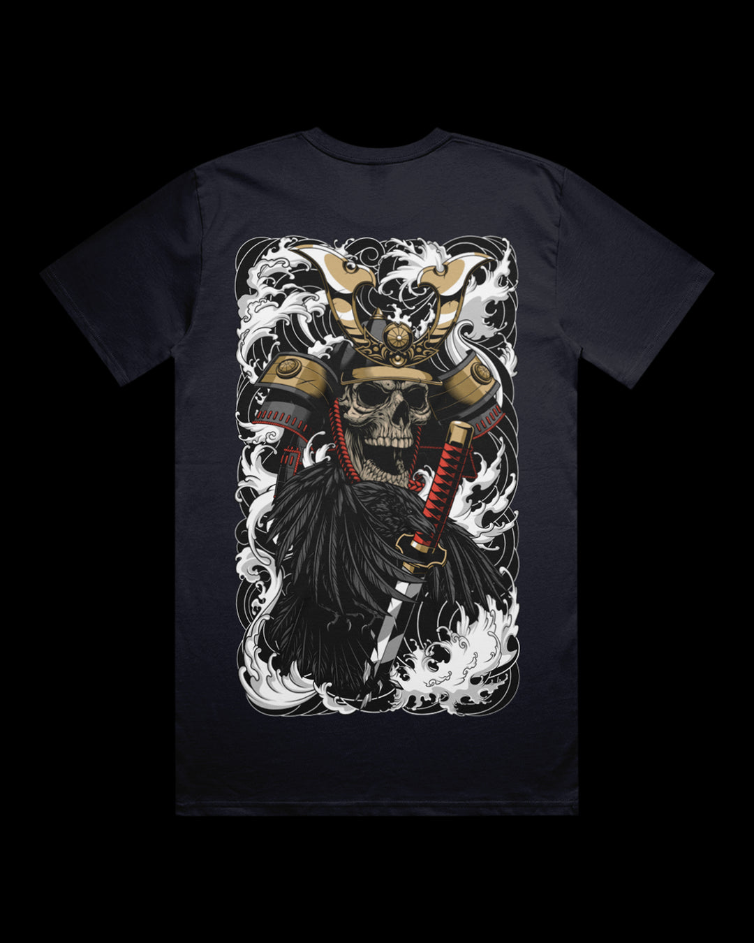 Navy t-shirt with a graphic design of a skull in a samurai helmet irezumi inspired.