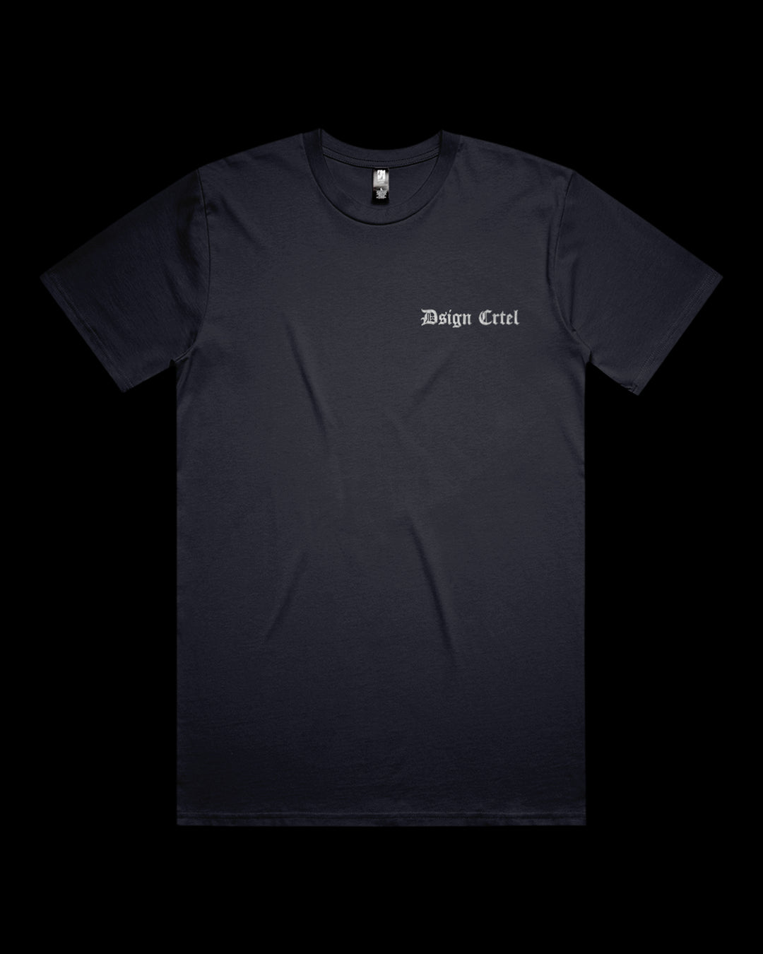 navy t-shirt with white text embroidered on left chest